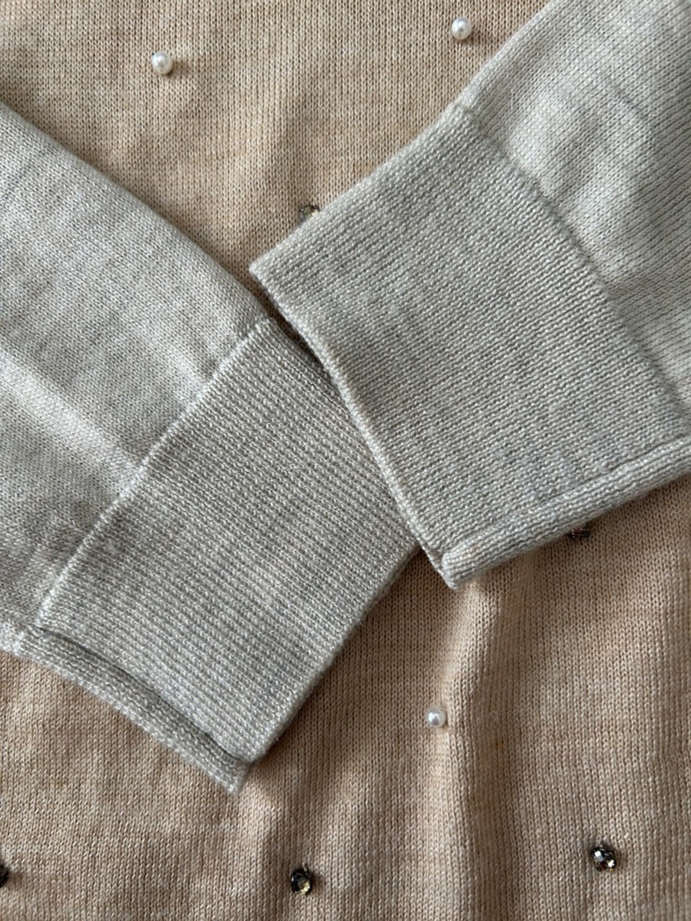 LOFT Pearl-Embellished Two-Tone Sweater - Beige/Light Gray